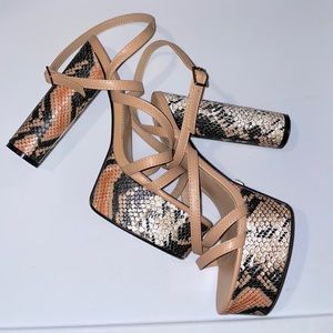 FASHION NOVA STRAPPED SNAKE SKIN HEELS...SIZE 9...